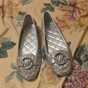 Michael Kors Silver Glitter MK Logo Ballet Flats